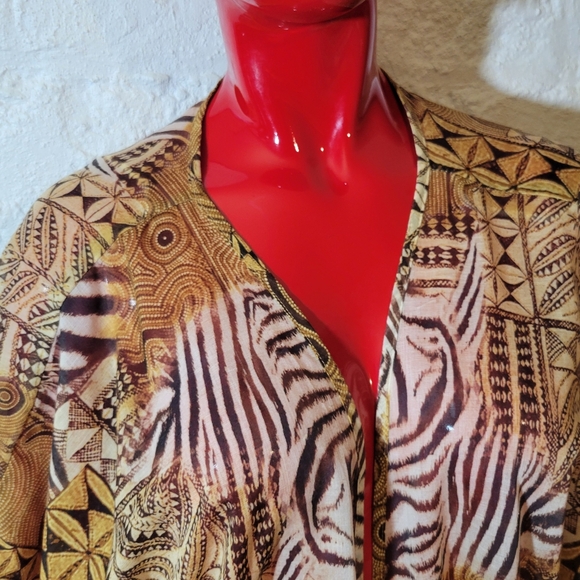 Ashley Stewart Sheer Animal Abstract Ethnic Print Crop Midriff Tie Blouse - Picture 2 of 4